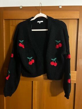 Love Tree Black Open-Front Sweater Cardigan with Red Cherry Embroidery